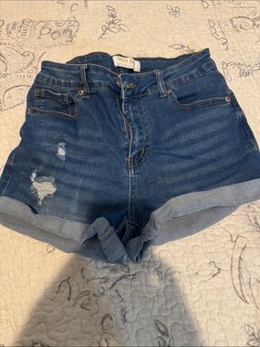 Wax Jean Indigo Roll-Cuff Distressed Denim Shorts